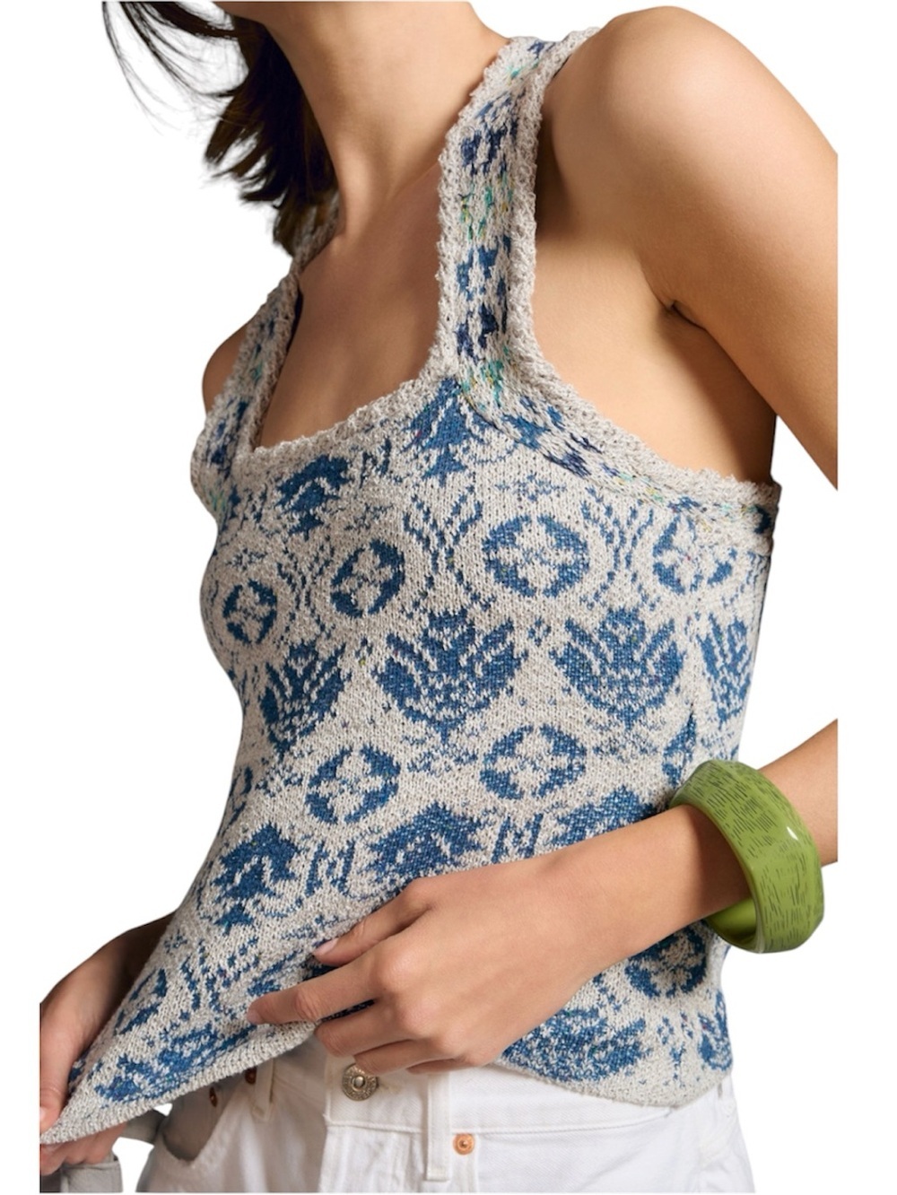 Pilcro Anthropologie Soft Blue and Cream Ribbed Square-Neck versatile Tank Top